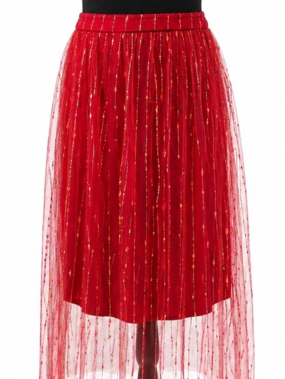 Red High-Low Pleated Tulle Skirt with Gold Accent